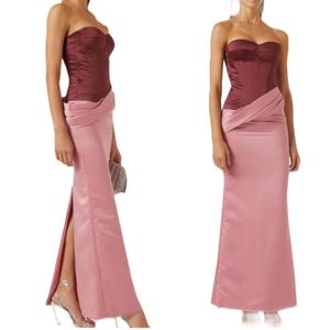 Eleganckie długie różowe satynowe sukienki wieczorowe z podzieloną osłoną plisowaną ukochaną kostkę kostki z tyłem sukienki na imprezę dla kobiet