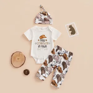 Clothing Sets Born Baby Boy Clothes Western Cowboy Letter Outfits Short Sleeve Romper Pants Hat Set 0-18M