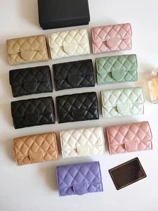 Luxury cc fashion designer women card holders fold flap chanells bags pattern caviar lambskin wholesale woman small mini wallet pure color Pebble leather with box