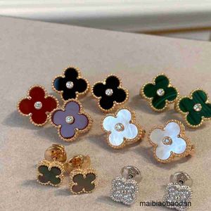 Top Quality Classic Style V Gold Gold Four Leaf Grass Family Sóail Pat 18k Rose Branco de dupla face Dupla fritillaria Diamond Flower Brincos