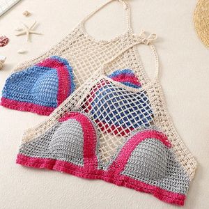 Tanques femininos Holded Strapping Crop Top Women Crocheted Colorblock Beach Brash Bras