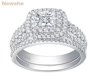 NEWSHE 925 STRIBLING SREBROWY Zestaw ślubny Halo dla kobiet Elegancka biżuteria Księżniczka Cut Cubic Cyrronia Pierścionki zaręczynowe J01124502072