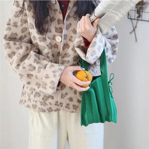 Shoulder Bags Women Handbag Wool Knitting Pleated Drawstring Shopping Girls Causal Weave Hand Bag Korean Japanese Chic Small Totes