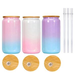 16oz Ombre Sublimation Glitter Glass Tassen Schimmer Regenbogen -Gradienten Tumbler Holographische Saftglas Getränke Trinken Bier Dose Eiskaffeetassen mit Bambusdeckeln