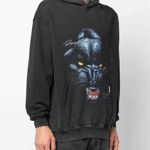 Hög version American Street Rhude Leopard Head English Tryckt tvättvatten slitna lösa män och kvinnors hoodies