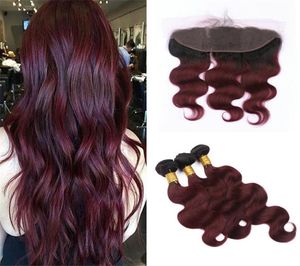 Two Tone 1B 99J Body Wave Hair Weaves With Lace Frontal Ear To Ear Closure With Bundles 1B Burgundy Ombre Hair With Frontal9886545