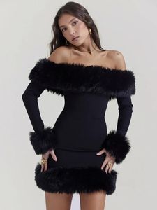 Woman Clothing Off Shoulder Slash Neck Fur Patchwork Black Dress 2024 Spring Long Sleeve Bodycon Short Party Evening Dresses 240408