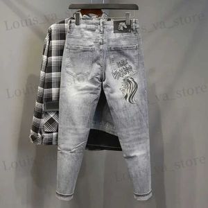 Men's Jeans Male Cowboy Pants Gray with Print Rhinestones Cropped Trousers Graphic Jeans for Men Loose Y 2k Vintage Korean Fashion Winter Xs T240419