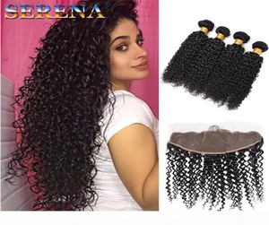 Cabelo cacheado da Mongólia com fechamento 13x4 Frontal de renda 4 pacotes com fechamento frontal 7A Pacéis de cabelo com renda frontal e BUN66668094