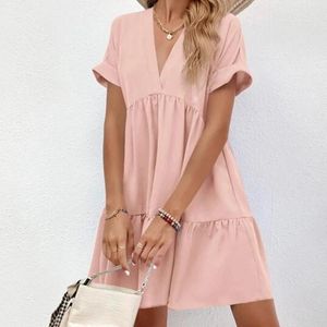 Casual Dresses Women Short Sleeve Mini Dress 2024 Spring Summer V-neck Loose Cute Solid Big Hem Beach Robe De Plage