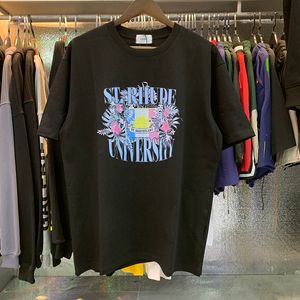 24SS Tasarımcı T-Shirt Rhude Bayrak Çiçek Baskı Yüksek Gram Ağır Çift Pamuklu Gündelik Gevşek Kısa Kollu T-Shirt Erkek Kadın