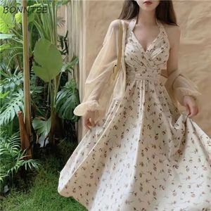 Dress Sets Women Halter Floral Mid-calf Thin Sunscreen Semitransparent Cover-ups 2PCS Sweet Elegant Summer Lady Wear 240410