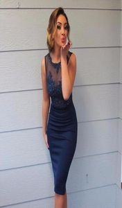 Real Sexy Sheath Party Dresses Sheer Crew Neck Sleeveless See Through Lace Appliqued Top Short Kne Length Prom Party Gowns Custom2130637