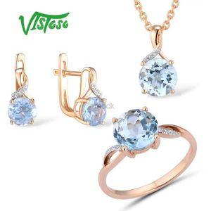 Colares pendentes Vistoso Jewelry Conjunto para mulher pura 14k 585 Rose Gold Sparkling Blue Topázio Brincos de Diamante Pingente de Anel Jóias Finas 240419