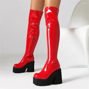 Bot Seksi Moda Uyluk Yüksek Kadınlar Toe Toe Platform Botas Mujer Tıknaz Topuklu Süper Botinler Yan fermuarlı zapatos