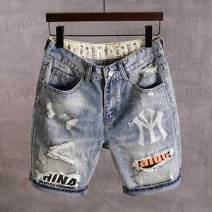 Mäns shorts Mens denimshorts med hål tvättade koreansk stil rak quarter patch casual jeans t240419