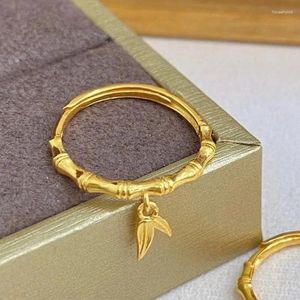 Cluster Rings Adjustable Real 14K Pure Gold Color Bamboo Women's Sand 999 Ring Personality For Women Jewelry Gifts