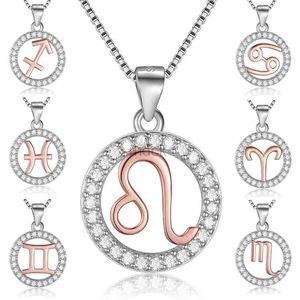 Pendant Necklaces Long Chain Necklace 925 Sterling Silver Rose Gold Jewelry Men Women 12 Constellations Sparkling Crystal Zodiac Leo Necklace 240419