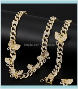 Colares pingentes de joalheriazircon Chain Butterfly Chain Iced Out Cuban Link Womens Rose Gold Gold Chocker Hip Hop Jewelry Jewellery9808752