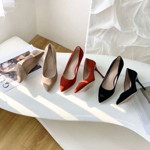 Slippers Dress Genuine Leather High Heels for Summer, Pointed Shallow Cut Reverse Velvet Painted Heel Commuting Single Shoes