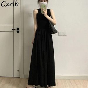 Casual Dresses Black Sleeveless Women Summer Simple Flattering Waist Pleated A-line Midi Imperial Sister Style Temperament All-match