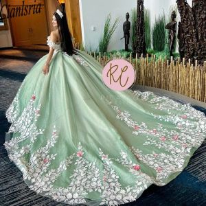 Mint Green Quinceanera Dresses Sweet 15 16 Födelsedagsfestklänning Vestidos Para XV Off Shoulder Princess Long Pageant Miss Pageant