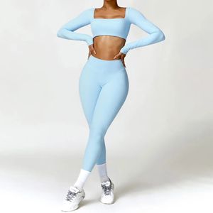 Yoga Set 2PCS Women Gym Long Sleeve Seamless Sportswear Workout Clothes Athletic Wear Legging Fitness Bra Crop Top Sports Suits 240407