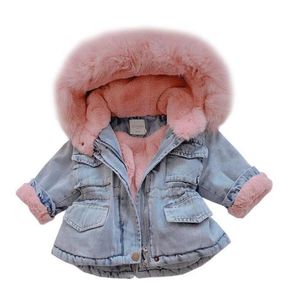 2019 Winter Baby Girl Denim Jacket Plus Velvet Real Faux Fur Fleece