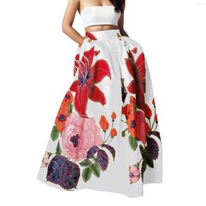 Skirts Floral Print Maxi Skirt Women Bohemian Long High Waist Pocket Party Beachwear Elastic Dress Clothes