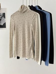 Kvinnors T-skjortor Solid Color Polka Dot Print Tee Long Sleeve Top All-Match Slim Turtleneck Lady Temperament Bottom T-shirt 2024 Spring