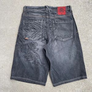 Y2K Shorts Harajuku Hip Hop Bordado retrô retro preto Denim Gym Mens na cintura larga da perna larga Basquete gótico 240408