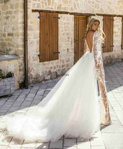 Gorgeous Wedding Jumpsuits With Detachable Train Deep V Neck Lace Appliqued Long Sleeves Wedding Dress Customize Backless Bridal G253c