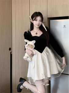 Casual Dresses Woman Large Size Splicing Square Neck Long Sleeve Sub French Style Senior Sense Chic Sweet Princess Tutu 2024 Autumn