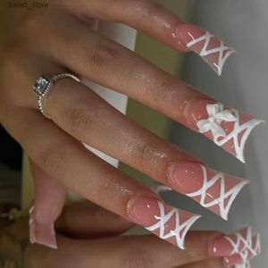 False Nails 3D White Bow Fake Nails White Ribbon Design False Nails Duckbill shaped Press on Nail tips Korean Sweet Artificial Nail patches Y240419