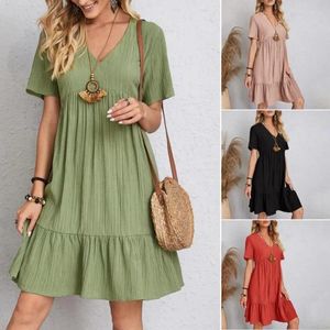 Party Dresses Women Solid Boho Summer Elegant V-neck Short Sleeve Ruffles Loose Dress Female Casual A-Line Vintage Mini