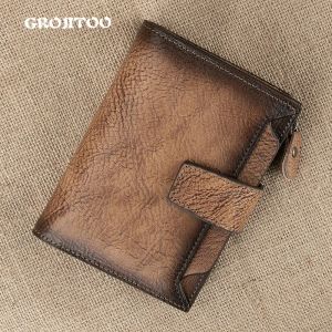 Wallets Grojitoo Vegetable Tanned Leather Wallet Men's Short Highquality Cowhide Leather Wallet Vintage Zipper Men Wallet Card Purse