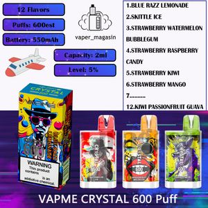 Bestverkaufte Vapme Crystal 600 Puff verfügbar E-Zigarette 12 Aromen 2 ml vorinstallierter Patrone 0% 2% 3% 5% Konzentration 600 Puffs 550mAh wiederaufladbare E-Zigarette