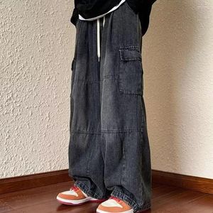 Calça masculina jeans de carga elegante enorme com cintura elástica vários bolsos para homens calças de jeans folgadas pernas largas
