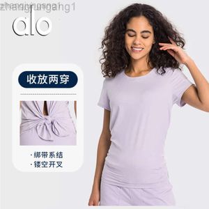 Desginer Alooo Yoga Top Shirt Clothe Short Woman New Skincare Nude Quick Dried Short Sleeve Fashion Butterfly Strap Sports Fitness Top for Women