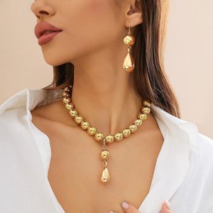 Necklace Earrings Set Silver Gold Color Punk CCB Ball Bead Chain Drop For Women Vintage Chunky Clavicle Jewelry