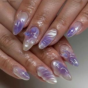 Falska naglar 24st 3D Butterfly Fake Nail Patch Halo färgad gradient Purple Color False Nails Shiny Almond Press On Nail Wearable Full Cover Y240419