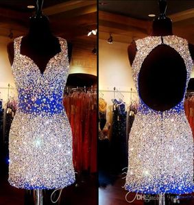 Shiny Crystal 2016 Short Prom Dresses Evening Wear 3 Colors Major Beading Backless Bling Bling Girl Prom Gowns Plus Size1343069