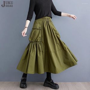 Юбки сплошная зеленая черная эластичная талия A-Line Loose Fit Женская длинная юбка Большие карманы корейский стиль повседневная одежда Jjsk044