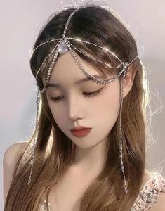 Hair Clips In Bridal Water Drop Crystal Long Tassel Forehead Head Chains Headbands For Women Wedding Party Accessories