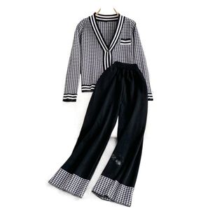 Women houndstooth plaid grid knitted sweater cardigan and wide leg long desinger pants set