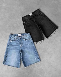 Herr shorts casual mode streetwear fasta färg baggy jeans shorts y2k retro rå kant broderi tvätt jorts hip hop män shorts kläder 240419 240419