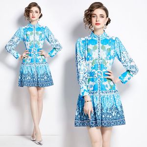 Europe Station 2024 New Womens Wear Cruise Temperament Skirt Splicing Print Long Sleeve Slim Retro Midi Dresses