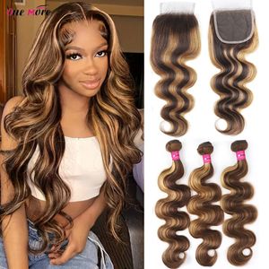 5x5 Closure With Bundles Honey Blonde Body Wave Ombre Colored Highlight Human Hair 240401