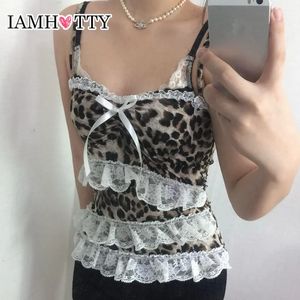 Iamty Y2K Leopard Print Lace Ruffle Patchwork Camis Brown Coquette Aealthetic Slim-Fit Tank Tops Cute Fairycore Vest 240408