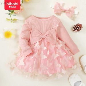 Flickans klänningar Hibobi 2-stycken Set Spring Baby Girl Butterfly Dress Fashionable and Elegant Round Neck Bow Long Sleeve Dress med pannband D240423